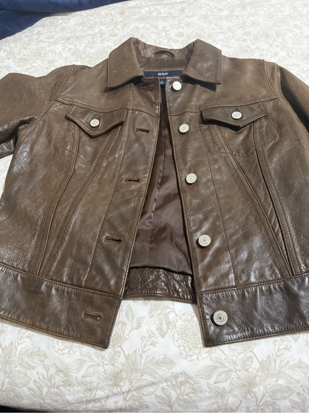 GAP Brown Leather Button-Front Jean Jacket